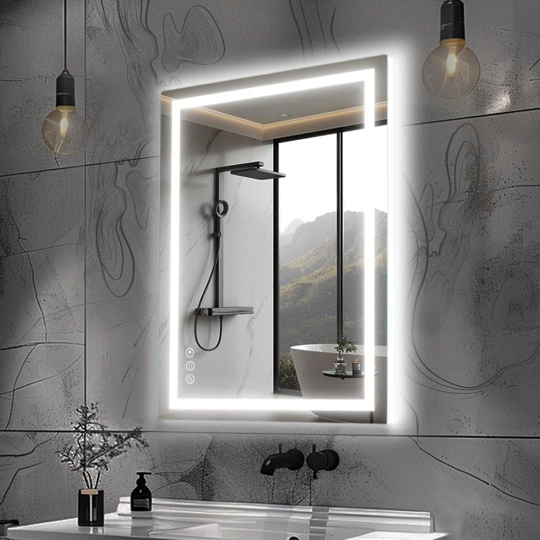 36x28 inch Bathroom Mirror, Lighted Vanity Mirror with Front and Back Lit, Stepless Dimmable&Colors LED Mirror with Double Strips, Anti-Fog, Memory, Waterproof(Horizontal/Vertical)