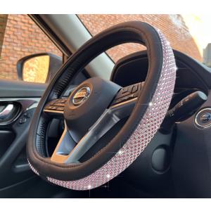 PINCTROT D Shaped Bling Comfy Steering Wheel Cover with Jumbo Crystal Rhinestones, Anti-Slip Diamond Leather, Flat Bottom 14.5-15 Inch (Pink)