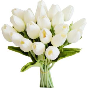 Mandy's 20pcs White Artificial Tulip Silk Fake Flowers 13.5" for Spring Mother's Day Easter Gifts in Bulk Home Kitchen Wedding Decorations