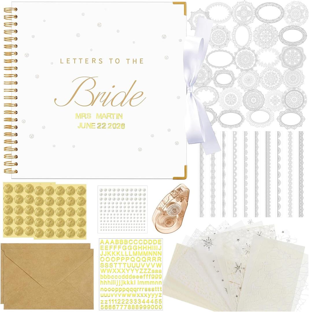 Wedding Guest Book Letters to The Bride Scrapbook Wedding Memory Book Bridal DIY Blank Paper Scrapbook Photo Album Guest Sign with Pearl Stickers(12 x 12 Inch,Classic,White)