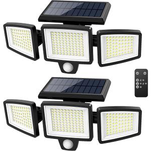 Tuffenough Solar Outdoor Lights 2500LM 210 LED Security Lights with Remote Control,3 Heads Motion Sensor Lights, IP65 Waterproof,270° Wide Angle Flood Wall Lights with 3 Modes(2 Packs)