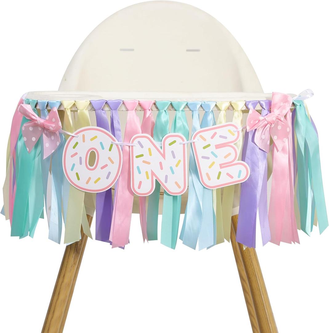 Donut 1 Years Old Birthday Banner - Sweet One Birthday Party Decorations, Soft Ribbon Ballet Skirt Set, Rainbow High Chair Garland, Sweet One Year Cake Crush Party Decoration