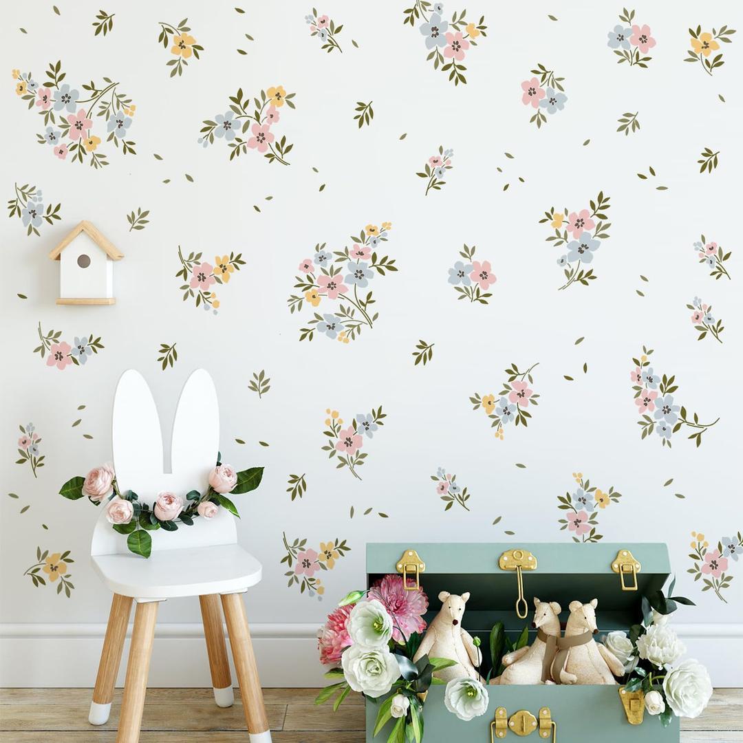 Watercolor Flower Wall Decals Boho Colorful Floral Wall Stickers Green Leaves Wall Art Removable Spring Wildflower Garden Plants Peel and Stick Wallpaper for Kids Girls Bedroom Background Decor 1237
