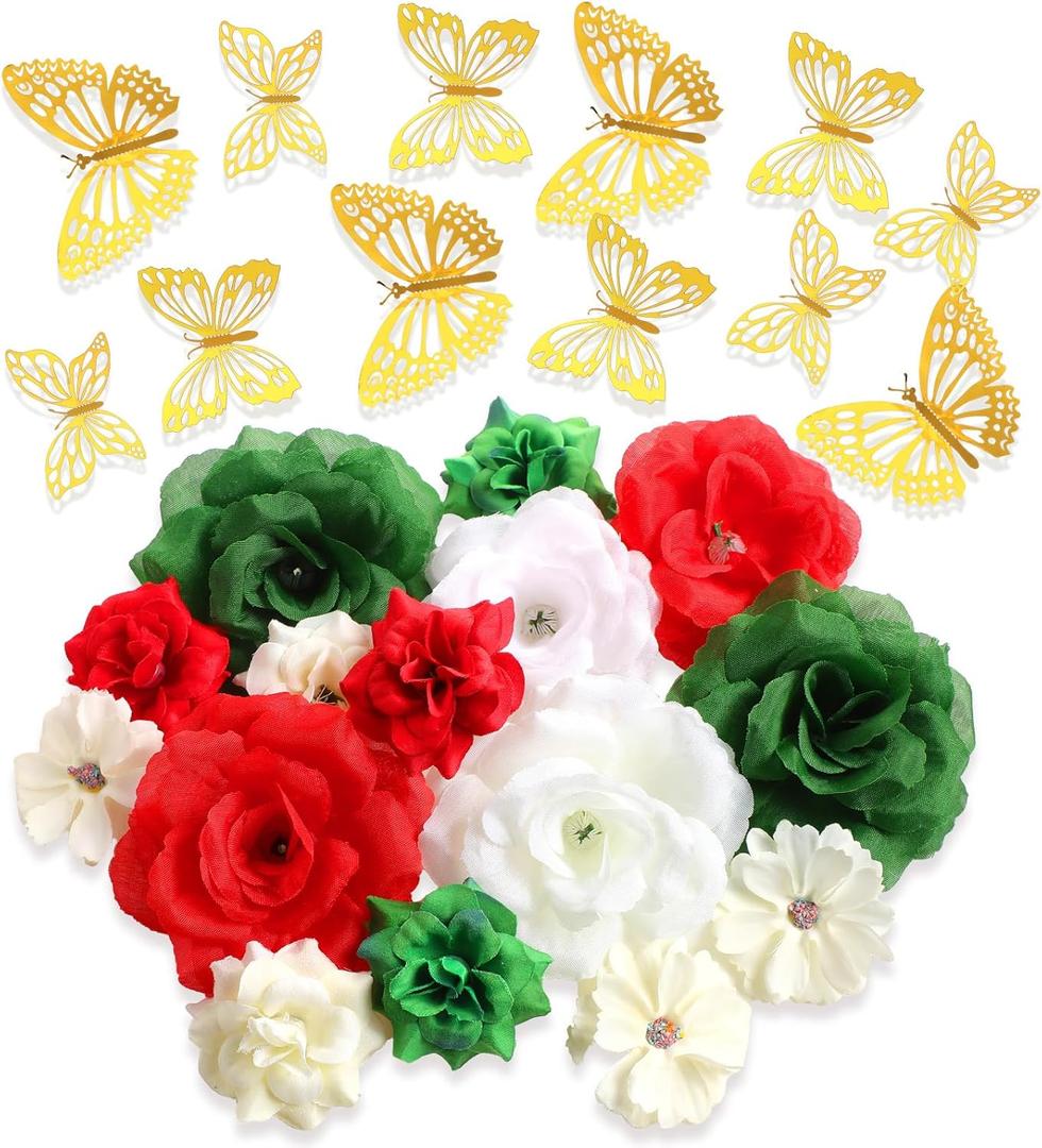 Knitgrip 27 Pcs DIY Graduation Cap Decorations Accessory Kit Include Faux Flower Heads and 3D Butterfly for Graduation Cap Decoration Home Decoration Craft Supplies(Green Red)