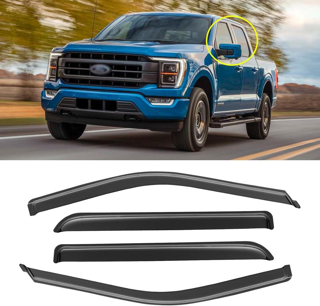 Window Rain Guards for 2015-2024 Ford F150 SuperCrew, 2017-2024 F-150 Raptor / F250 F350 F450 SuperCrew Crew Cab, Window Visors Guard Deflector Shade Vent Shield, for 4 Full-Size Doors (15-24 F150 Crew Cab)