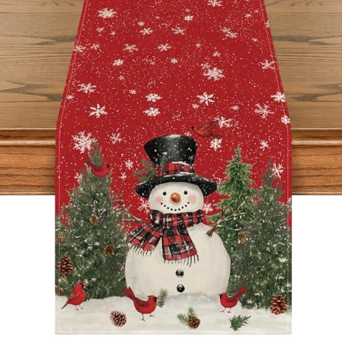 Artoid Mode Snowman Christmas Birds Trees Table Runner, Seasonal Winter Xmas Holiday Kitchen Dining Table Decoration for Home Party Decor 13 x 60 Inch