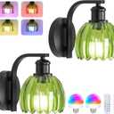 VerRon Rechargeable Battery Operated Wall Sconce Set of Two with Green Glass Lampshade, Wireless Wall Scone Decor with Remote Control, 15 Colors Black Wall Light for Bedside Hallway Bedroom Doorway, 2-Pack