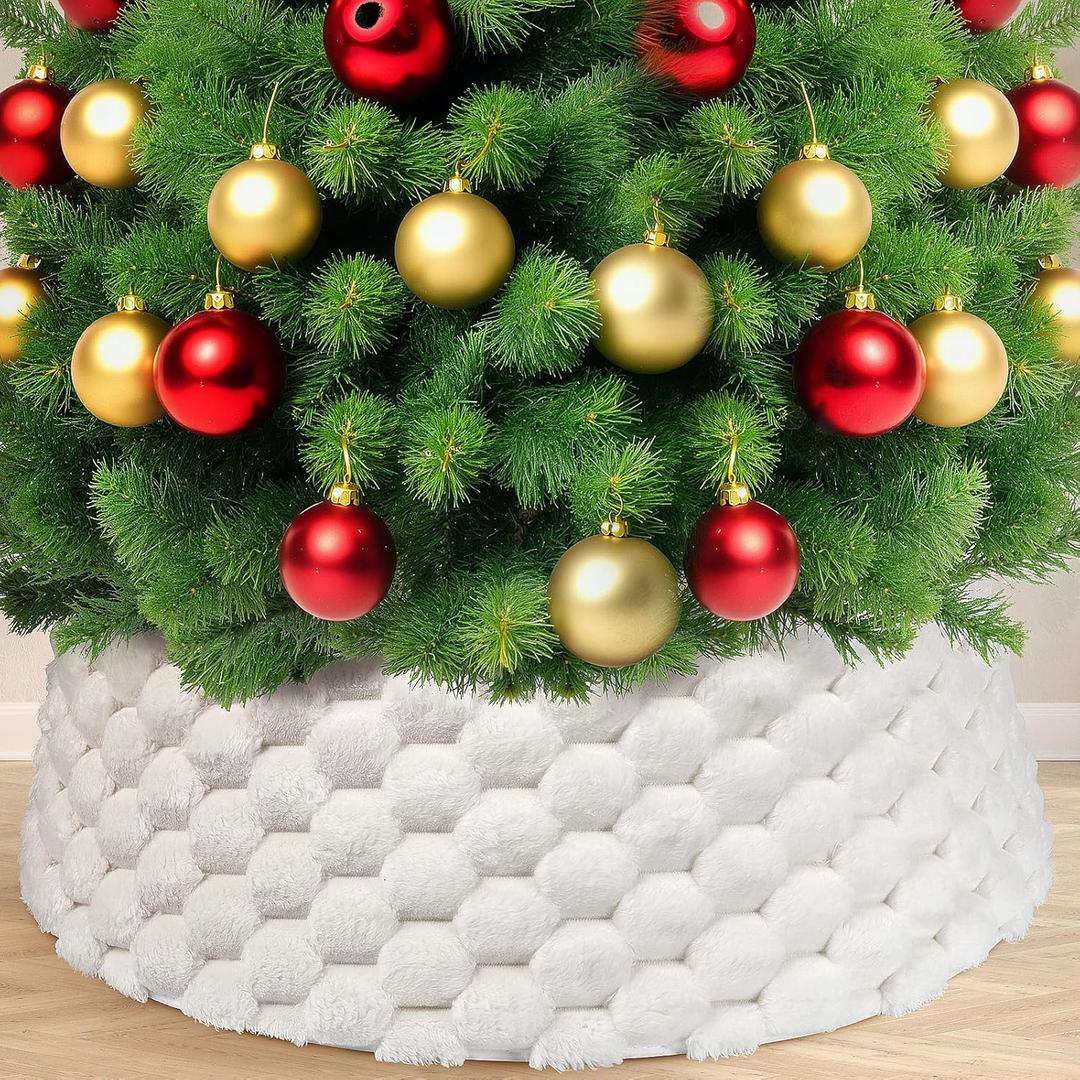 Christmas Tree Collar, Rustic White Luxury Plush Faux Fur Tree Collar with Stripe Textured Pattern, Soft Fluffy Xmas Tree Ring & Boho Tree Skirt for Indoor Home Holiday Decorations