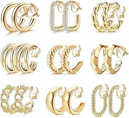 THUNARAZ Gold Clip on Earrings 14K Gold Plated Chunky Hoop Clip Earrings Trendy Clip on Hoop Earrings for Women Non-Pierced Fake Jewelry