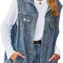 Perbai Women's Oversized Denim Vest Distressed Mid Long Sleeveless Jean Jacket Waistcoat with Pockets (Lightblue)