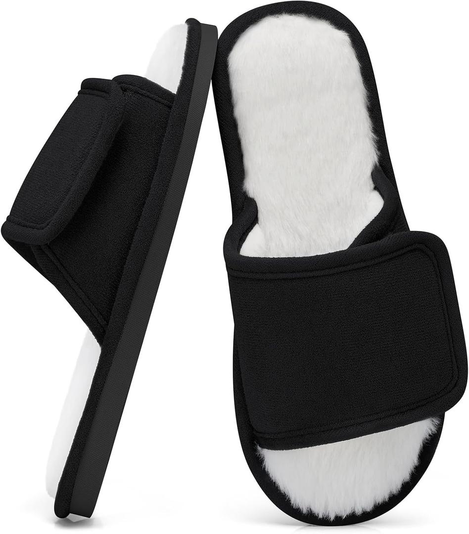SHIBEVER Women's Slippers Fuzzy Open Toe Slip On Indoor House Shoes Comfy Bedroom Women Slippers (7.5-8, 71 Black)