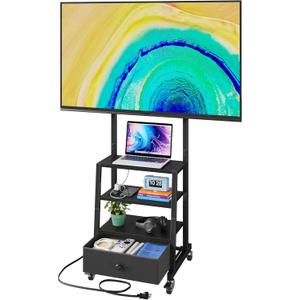 Rolling TV Stand with Wheels and Mount & Fabric Drawer - Entertainment Center with Power Outlet and Small TV Stand for Bedroom, Living Room - 15" Black