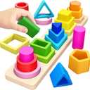 PEBIRA Montessori Toys for 1 2 3 Year Old Boys Girls Toddlers, Heightened Peg-Free Wooden Stacking Toys, Shape Sorter Learning Toy, Birthday Gift for Baby Kid Age 1-4 Preschool Toy, Various Game Play (Multicolor)