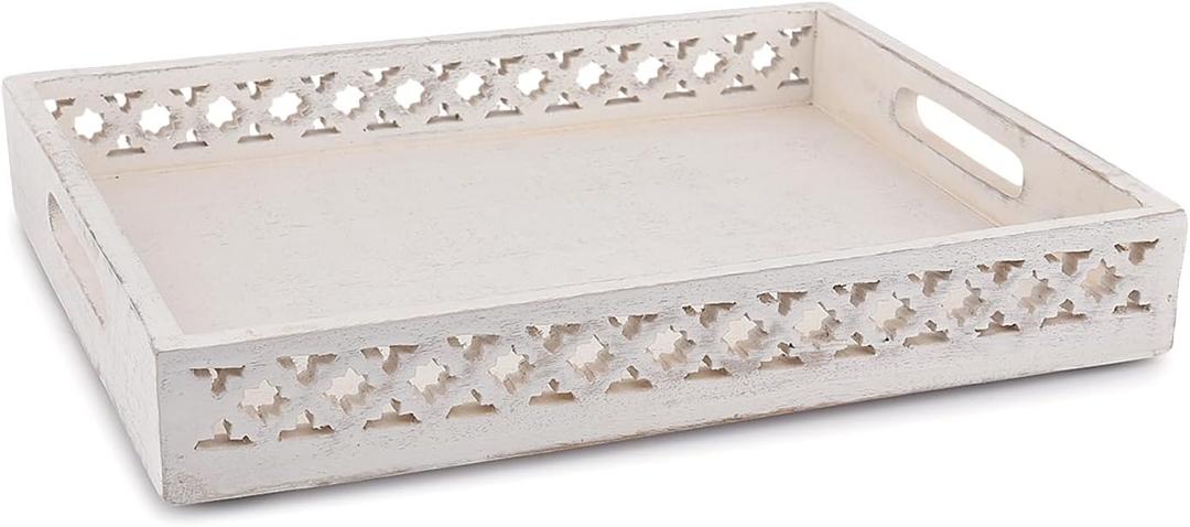 EDHAS Serving Trays Mango Wood Tray with Handles Serving Tray for Breakfast in Bed, Tea, Coffee with Cutout Handles (White) (14" x 11" x 2")