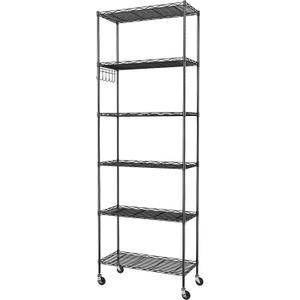 Homdox 6-Tier Storage Shelf Wire Shelving Unit Free Standing Rack Organization with Caster Wheels, Stainless Side Hooks, Black (21.26*11.42*72.05 inch)