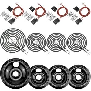Black Burner Drip Pans WB31M19(8) WB31M20(6) Electric Stove Burner Replacement WB30M1(6") WB30M2(8")&WB17T10006 Terminal Block Compatible for G-E Hot-point Ken-more by MIFLUS