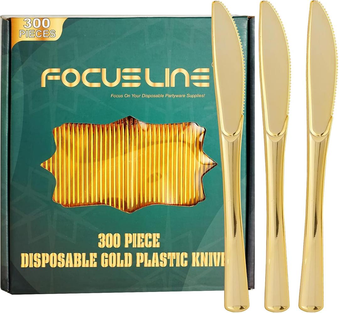 FOCUSLINE 300 Pack Disposable Gold Plastic Knives, Solid and Durable Plastic Cutlery Knives, Heavy Duty Disposable Utensil Silverware for Catering, Parties, Dinners, Weddings