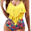 Edelqual Women's One Piece Tummy Control Swimsuits Full Coverage Swim Bathing Suit Slimming Modest Ruffle Swimwear (Large, Yellow Floral)