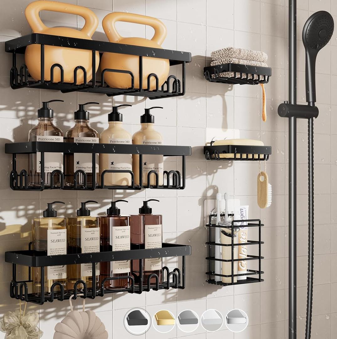 Veken Stainless Steel Shower Caddy 6-Pack, No Drilling & Rustproof, Waterproof Adhesive Shelves Rack with Soap Holder, Large Capacity Bathroom Organizers and Storage, Wall-Mounted Kitchen & Home Decor (6-Piece Set, Black)
