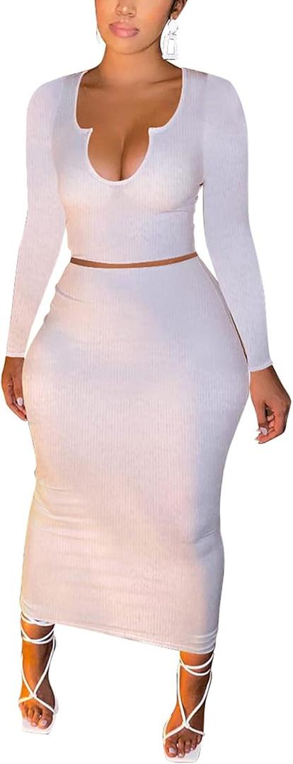 Women Sexy Two Piece Skirt Outfits Long Sleeve/Sleeveless V Neck Bodycon Ribbed Knitted Maxi Club Party Dress,M Women Sexy Two Piece Skirt Outfits Long Sleeve/Sleeveless V Neck Bodycon Ribbed Knitted Maxi Club Party Dress,M