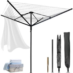 Outdoor Umbrella Drying Rack,Rotary Retractable Clothes Line,Outdoors Adjustable Height Drying Rack Clothing 12 Lines 4 Arms with 165 Feet Drying Space,Collapsible Clothes Drying Rack for Backyard
