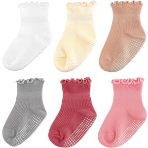 Henland-Jump 6 Pairs Toddler Ruffle Socks for Girls - Baby Grip Socks with Non-Slip, Cute Grippy Frilly Design (3-5T, Multicolor)