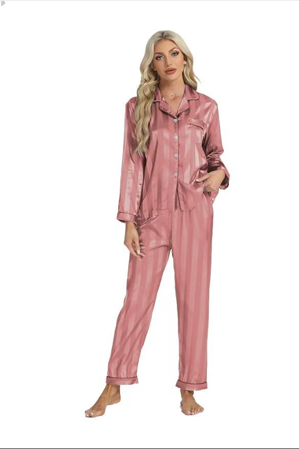 Satin Pajama Set – Christmas Red & Pink Striped PJs for Women & Men, Long Sleeve Button-Up Top with Pants, L