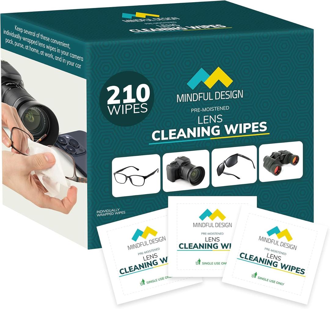Mindful Design Lens Cleaning Wipes for Eyeglasses, 210ct - Individually Wrapped, Eye Glass Cleaning, Lens Wipes for Glasses/Sunglasses