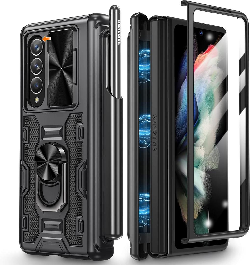Caka for Z Fold 3 Case, Galaxy Z Fold 3 Case with Pen Holder & Hinge Protection, Camera Cover & Kickstand with Built-in 360Rotate Ring Stand Magnetic Protective Case for Samsung Galaxy Z Fold 3-Black