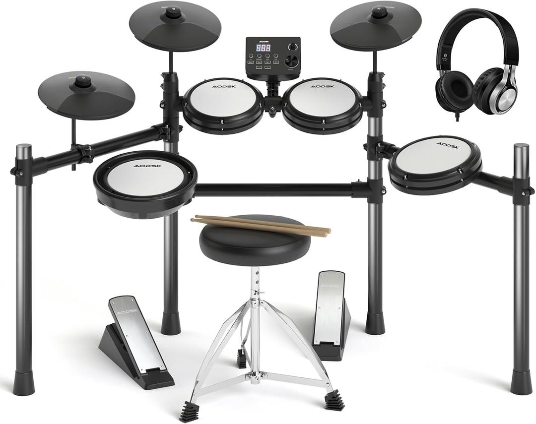 AODSK Electric Drum Set with Quiet Mesh Pads,Electronic Drum for Beginner,USB MIDI,Throne,Headphones,Sticks, Included 15 Kits and 195 Sounds (AED-403-Teenagers Beginners)