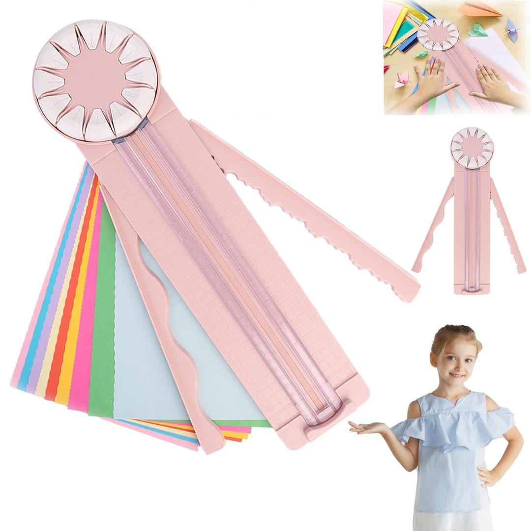 Paper Craft Edge Cutter, 12 in 1 Paper Cutter, Rolling Paper Cutter with 12 Cutting Types, Multifunctional Paper Cutter Machine with Measurements for Scrapbooking (Pink)