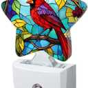 Cardinal Bird Night Light,Christmas Stained Glass Plug-in Star Night Lights with Dusk-to-Dawn Sensor for Bedroom,Bathroom,Living Room Sleep Friendly Lamp for Women Girls Boys Gift,0.5W
