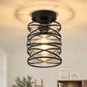 Semi Flush Mount Ceiling Light Fixture, 1-Light Spiral Cage Hallway Light Fixture Handblown Clear Seeded Glass Kitchen Lights Rustic Vintage Ceiling for Entryway Porch Foyer