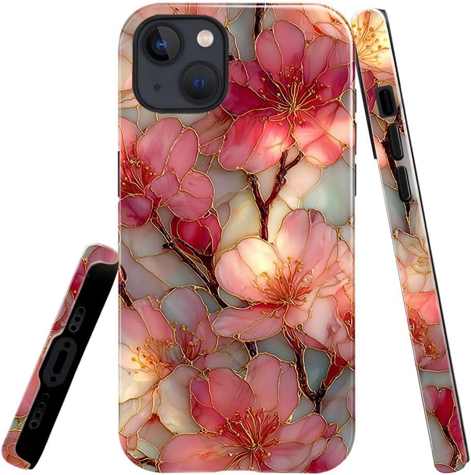 Compatible with iPhone 15 Case,Glossy Case All-Round Protection Shockproof Anti-Scratches TPU Cover,Cases for Man Woman-Blossoms Pink Flower Stained Glass