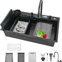 Waterfall Black Kitchen Sink, 30Inch Single Bowl Sink, Stainless Steel Multifunctional Drop In/Topmount Workstation Sink with Pull-out Faucet, Multiple Accessories (Black, 30x20in)