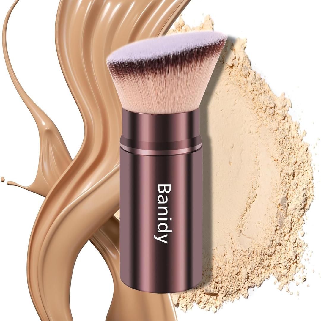 Makeup Brush Kabuki Face Brushes Retractable Travel Blush Kabuki Brush Portable Flawless for Foundation, Powder Blush, Bronzer, Buffing, Liquid, Cream, Cruelty Free with Cover(Brown)