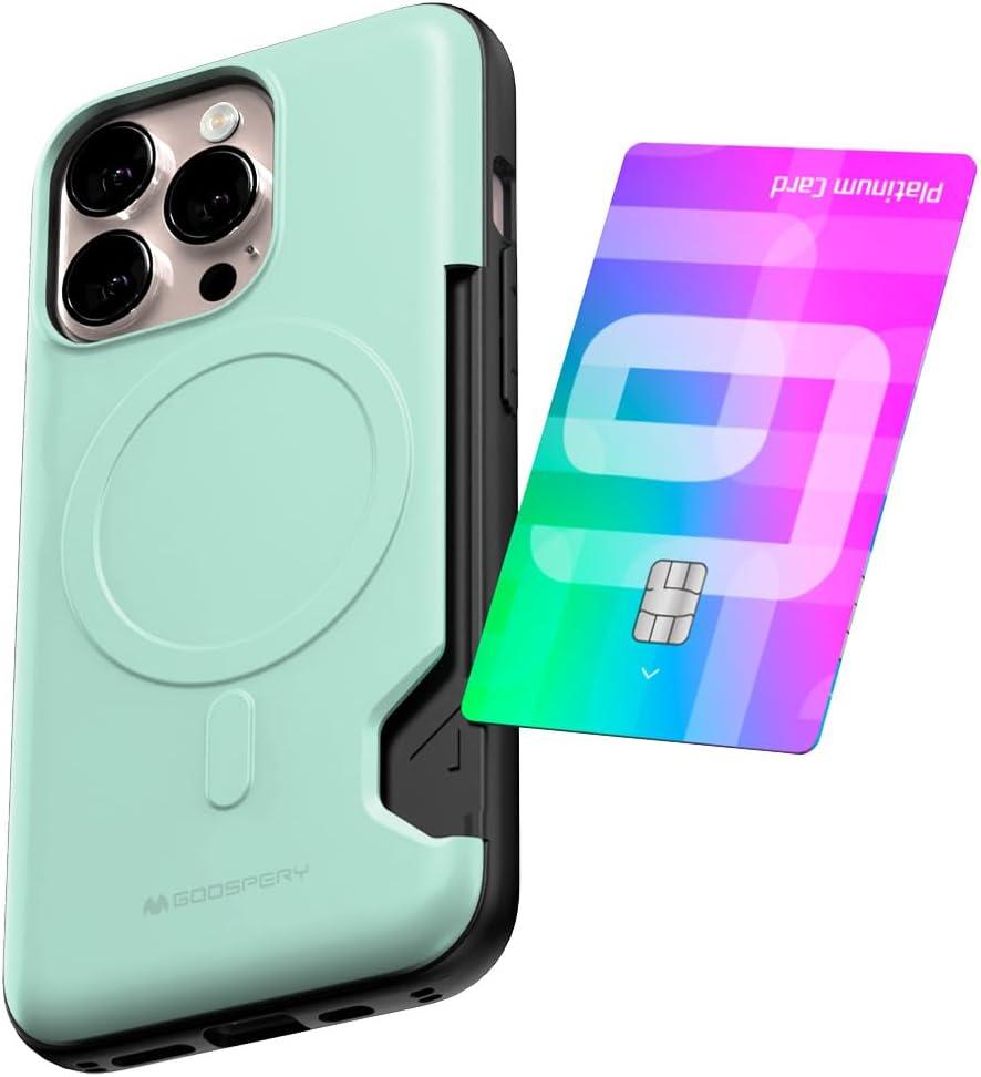 GOOSPERY Mag Bumper Compatible with iPhone 13 Pro Case, Compatible with Magsafe, Card Holder Wallet Protective Dual Layer Sturdy Phone Back Cover - Teal (Green)