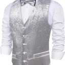 Barry.Wang Mens Shiny Vest V-neck Silm Fit Suit Waistcoat Bowtie Set Party Prom Tuxedo Formal Casual (Medium)