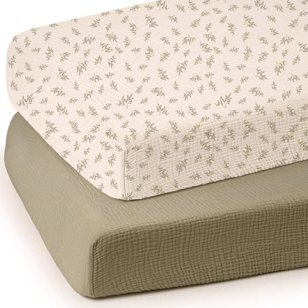 lulumoon Baby Muslin Crib Sheets - Toddler Cotton Fitted Crib Sheets Neutral for Boys and Girls 2Pack (Olive & Leaf)