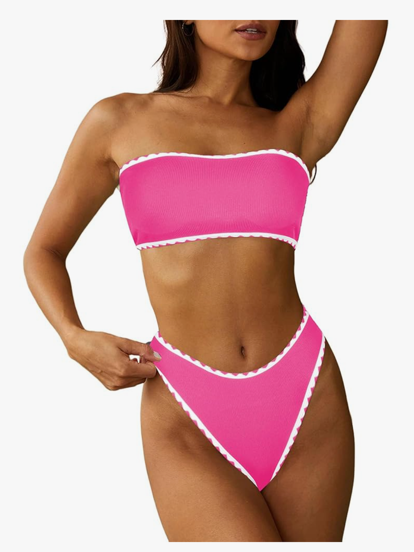 ZAFUL Women Strapless Textured Bandeau Bikini 2 Piece Swimwear Cheeky Solid Lace up Bathing Suits S