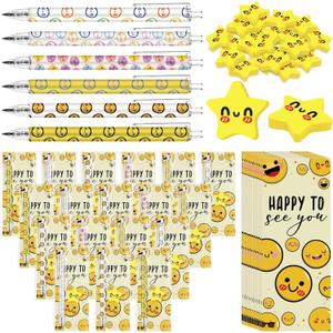 24 Sets Positive Affirmation Gift Bulk Include Happy Eternal Smile Pencil Yellow Smile Face Eraser Happy to See You Bookmark Card Inspirational Gift for Student Team Teacher Valentines