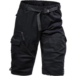 Mylldey Men's Cargo Shorts 3/ 4 Relaxed Fit Mens Running Shorts 7 Pockets Elastic Waist Cotton Hiking Shorts (Black, L)