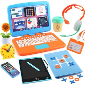Pretend Play Home Office Set for Kids, Features Toy Laptop Computer, LCD Writing Tablet, Toy Phone, Headset, Sunflower & Coffee Cup, Toys Gifts for Boys Girls Age 3-5-7