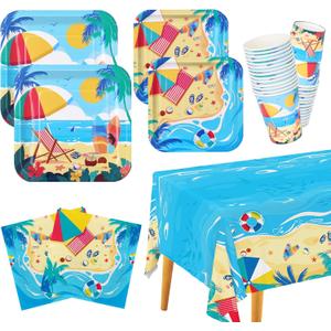 Beach Theme Party Supplies, Summer Pool Pack Includes: Paper Dinner Plates, Dessert Plates, Luncheon Napkins, Cups and Tablecloth for Hawaiian Party Birthday Decorations, Serve 25