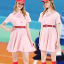 Women Baseball Costume PInk Baseball Dress Women League Costume Uniform Set with Hat Socks Inflatable Baseball Bat (Pink, XXL)
