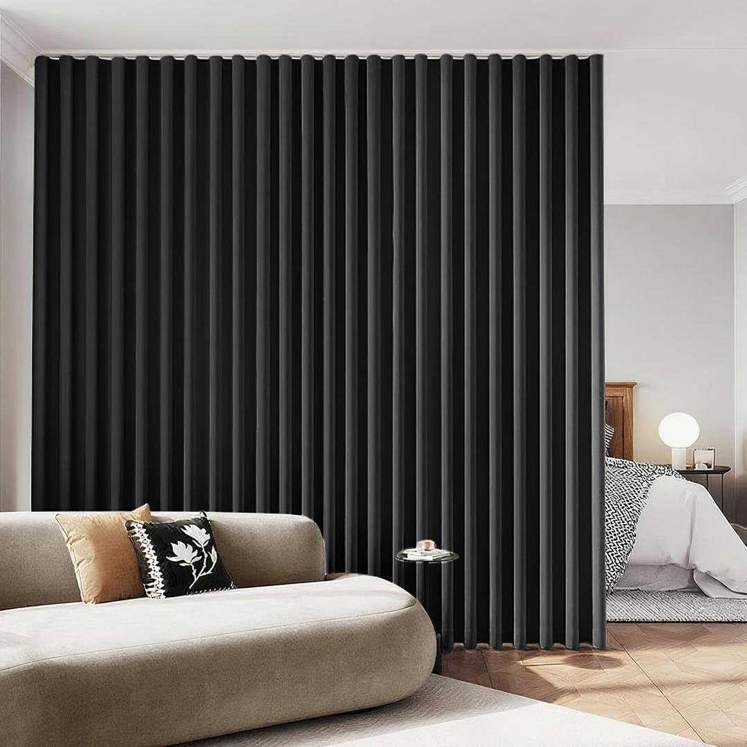180 inch Wide Room Divider Blackout Curtains with Hook, Extra Wide Thermal Insulated Drapes for Living Room, Bedroom, Sliding Door, Large Windows Black(1 Panel, 15ft x 8" H)