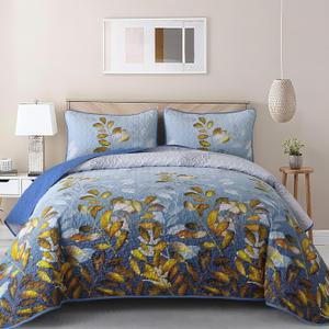 WONGS BEDDING 3 Pieces Quilt Set Queen Size, Blue-Gold Floral Bedspread Coverlet Set, Soft Microfiber Lightweight Floral Bedding Set King 104"×90"