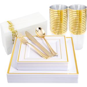 I00000 175PCS Gold Plastic Dinnerware Set, Includes 25 Dinner & Salad Plates, 25 Gold Silverware Sets, 25 Tumblers, 25 Guest Towels for Wedding
