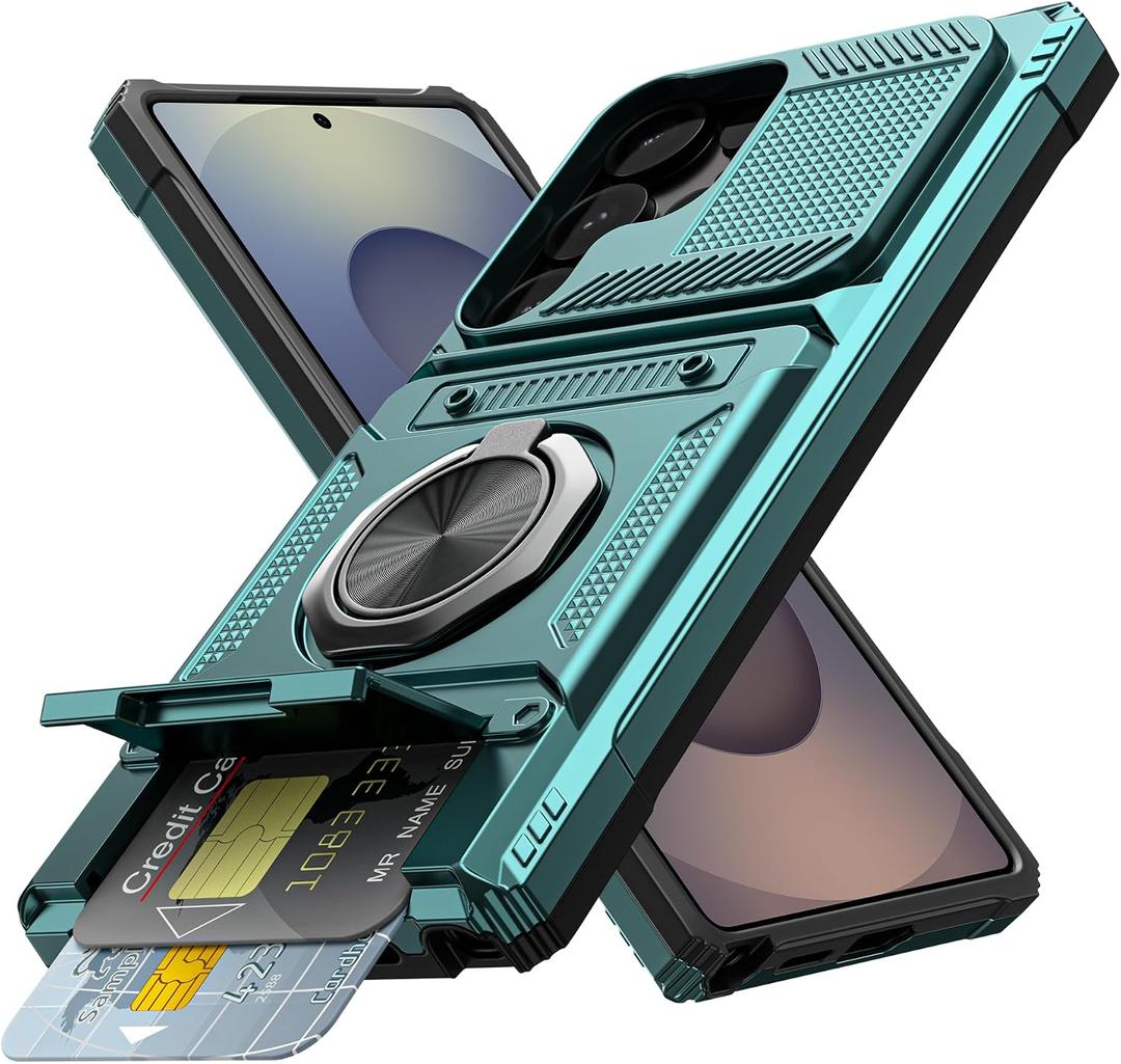 Vofolen for Samsung Galaxy S25 Ultra Case with Card Holder [Store 2 Cards] +360 Rotated Ring Kickstand Dual Layer Heavy Duty Shockproof Wallet Cover for Galaxy S25 Ultra Case for Women Men, Green