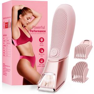 Rechargeable Bikini Trimmer for Women: Pubic Hair Razor with Mirror & LED Light - IPX7 Waterproof Electric Shaver, Travel Lock & Ceramic Blades for Legs Underarm - Baby Pink